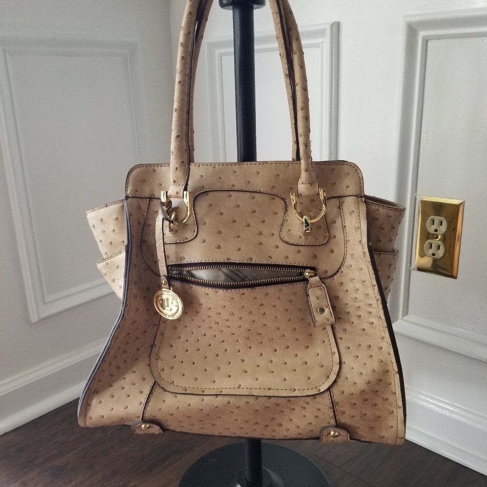 London Fog faux leather tan Ostrich shoulder bag